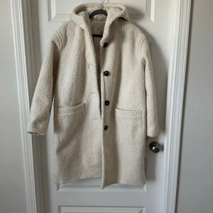 A New Day Teddy Long Sherpa Coat Jacket Hooded Beige Cream Size Medium